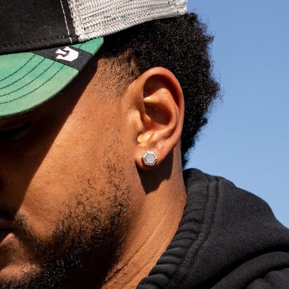 White Gold 925 Sterling Silver Men's Hip Hop Octagon Cz Stud Earrings - Picture 3 of 5